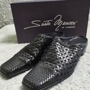 NEW VTG Sesto Meucci Women's Black Woven Italian Leather Mules Slides 8N Vintage